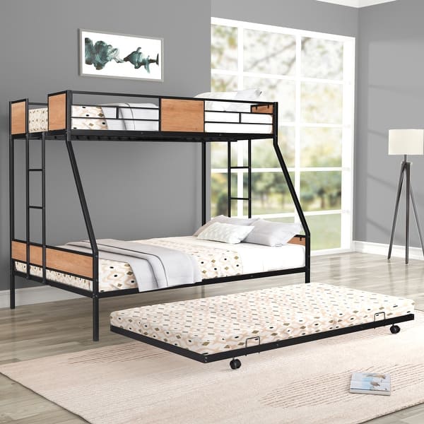 slide 2 of 18, Metal Bunk Bed Twin over Full Size with Trundle for 3, Heavy-duty Metal Bedframe with Guard Rails,Triple Metal Bunk Bed Frame Black - Full