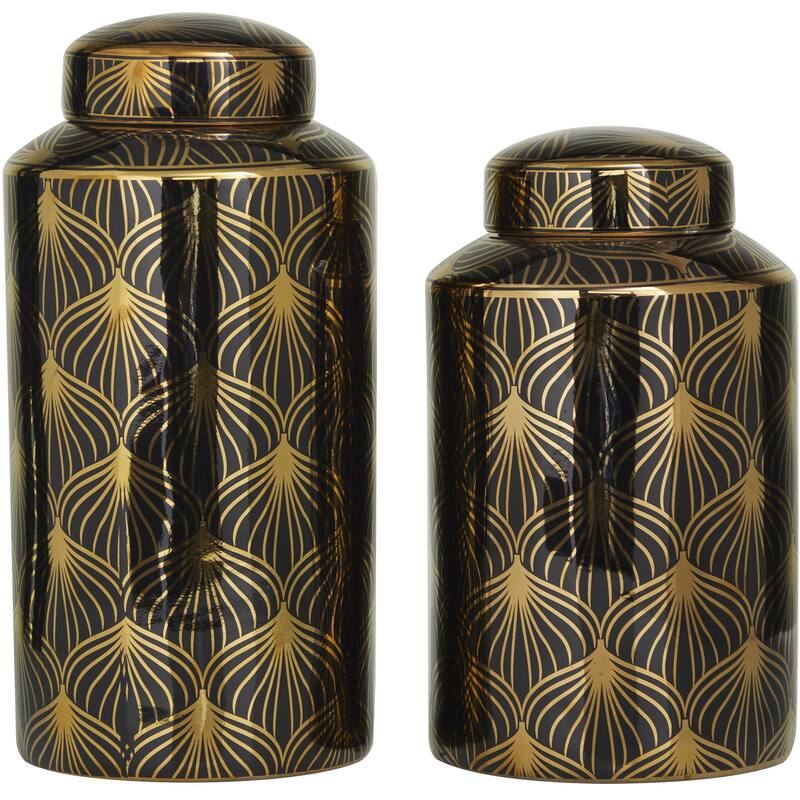 Ceramic Geometric or Floral Living Room Decorative Jars - Set of 2 White, Gold, Silver, Black, Blue - Roche River Decor