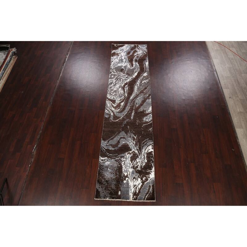 Wool/ Silk Modern Vegetable Dye Abstract Oriental Runner Rug Handmade - 3'0" x 12'3"