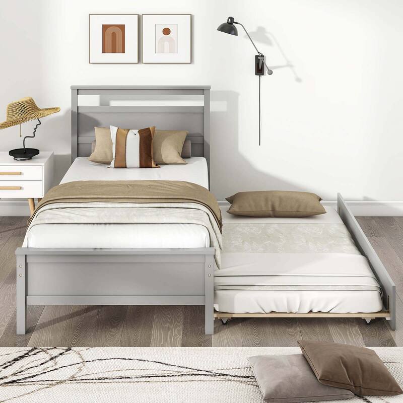 Costway Twin Size Platform Bed with Trundle Pull-out Trundle Headboard