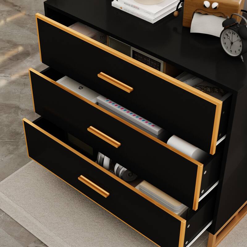 Luxurious Black and Gold Storage Cabinet Nightstand: Modern Design, Ample Storage & Practical Features