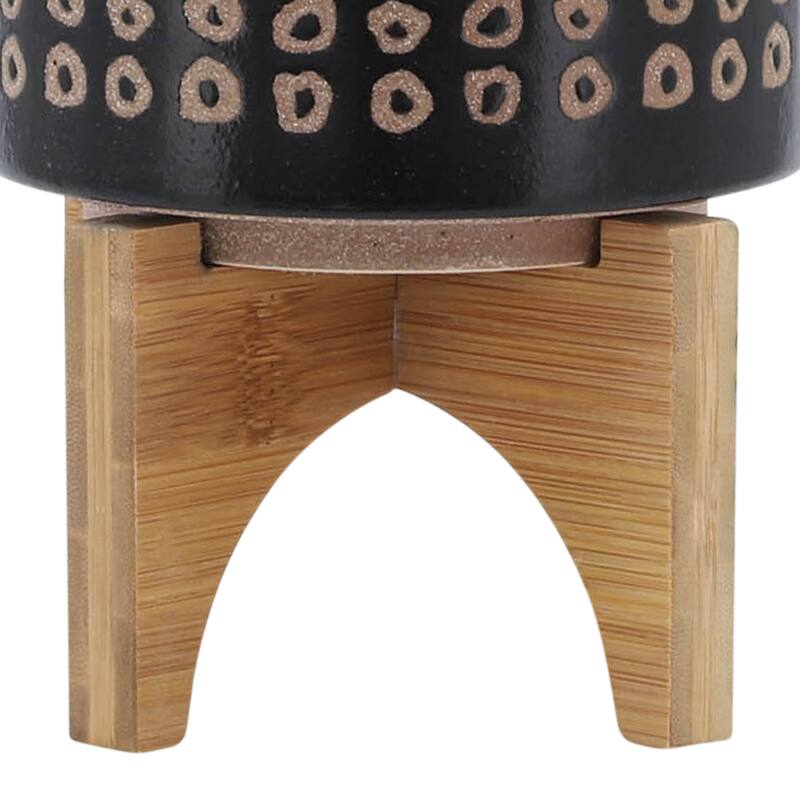 Sagebrook Home Neutral Tan and Brown Ceramic Dotted Planter with Wood Stand Indoor Outdoor