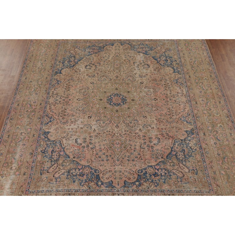 Distressed Pink Mashad Persian Antique Rug Hand-Knotted Wool Carpet - 9'8" x 12'5"
