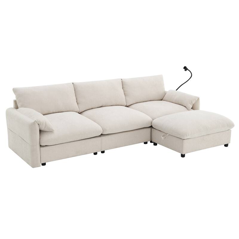 L-Shaped Chenille Sectional Sofa with Storage Ottoman, Lounge Sofa with Adjustable Phone Holder, Side Pockets & USB Charger Port