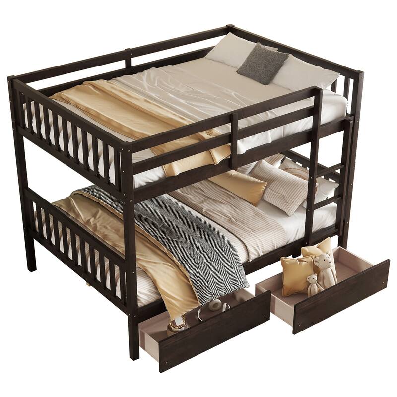 Full Over full Rubber Wood Bunk Bed with 2 Drawers, into 2 full Beds, full Size Bunk Bed with Ladder and Safety Guardrails