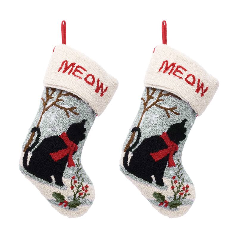 Glitzhome Christmas Hooked Stocking Cat Dog Fox Reindeer Dinosaur(Set of 2) - Cat*2