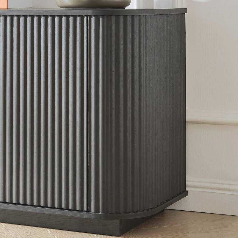 64-Inch Wavy 4-Door TV Cabinet, Modern Wooden Vertical Stripe Storage Cabinet with Aluminum Frame & 2 Tempered Glass Door, Black