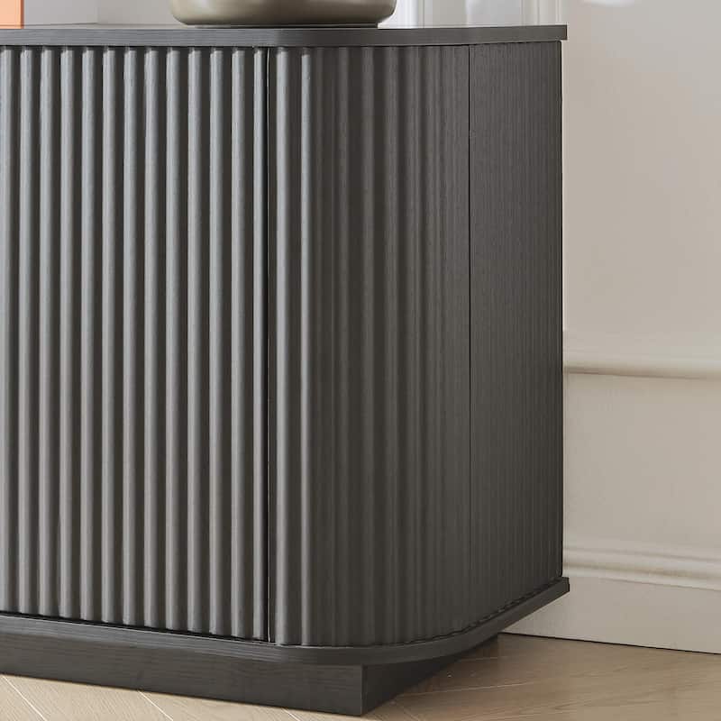 Anmytek 64 Inch Wavy Wooden TV Cabinet Black Aluminum Frame Tempered Glass Door Storage Sideboard