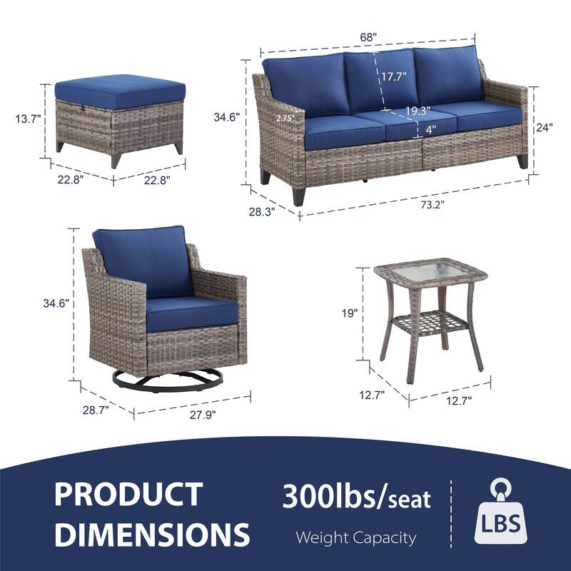 Glissia 6-Piece Gray Wicker Patio Conversation Set with Swivel Gliders and Ottomans