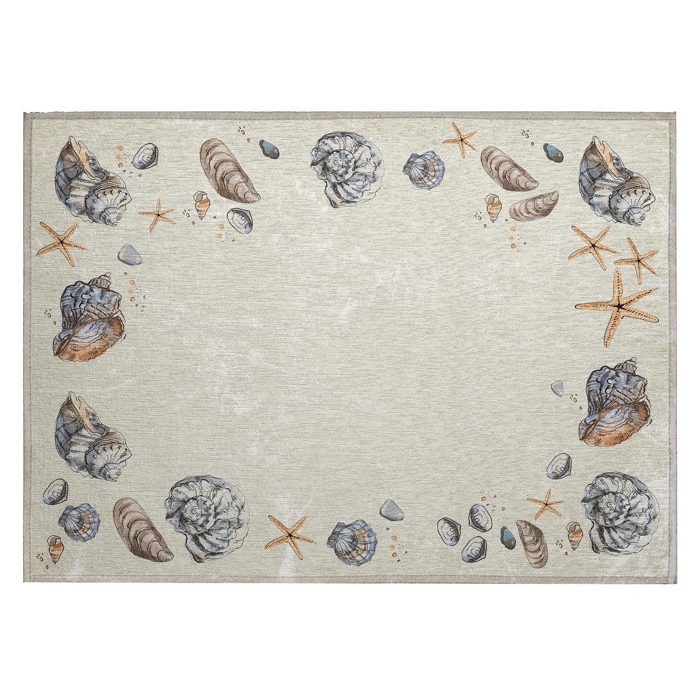 Indoor/ Outdoor Surfside Border Shells Washable Rug New