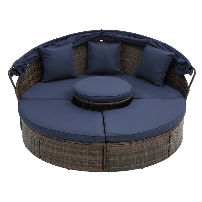 Rattan Round Lounge, Canopy Bali Canopy Bed Outdoor, Wicker Outdoor Sofa Bed w/ Lift Coffee Table, Navy Blue