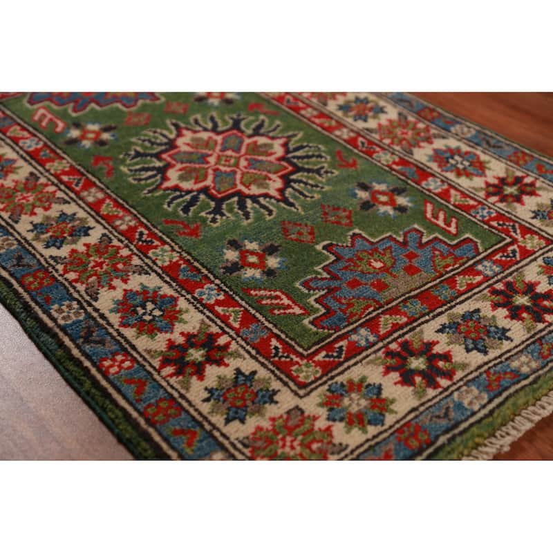 Green Geometric Kazak Oriental Foyer Rug Handmade Wool Carpet - 2'0"x 3'0"