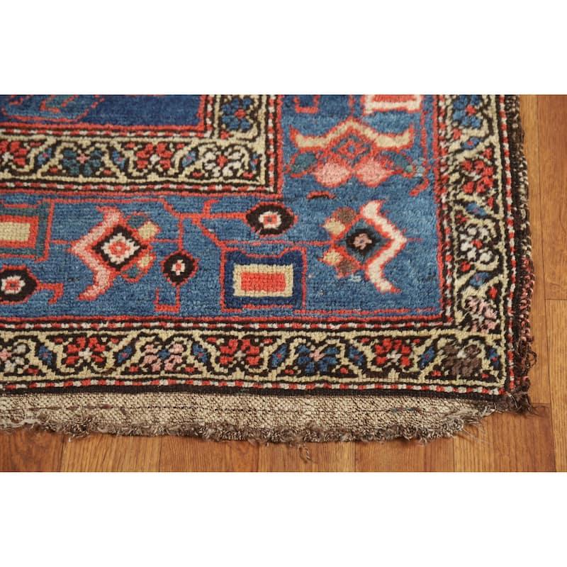 Hand Knotted Oriental 100% Wool Carpet Traditional Floral Navy Blue & Blues Heriz Runner Rug - 14' 9'' X 3' 9''