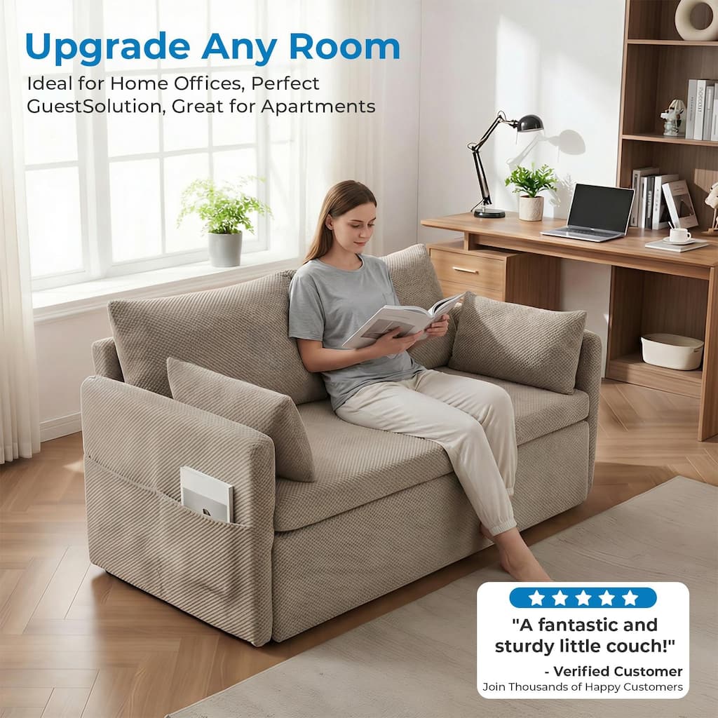 Mixoy Convertible Sofa Bed with Memory Foam Mattress, Queen Size, Beige/Grey, Adjustable Backrest