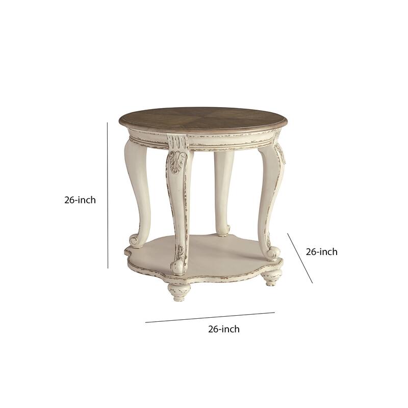 Round Wooden End Table with Open Bottom Shelf, Brown and Antique White
