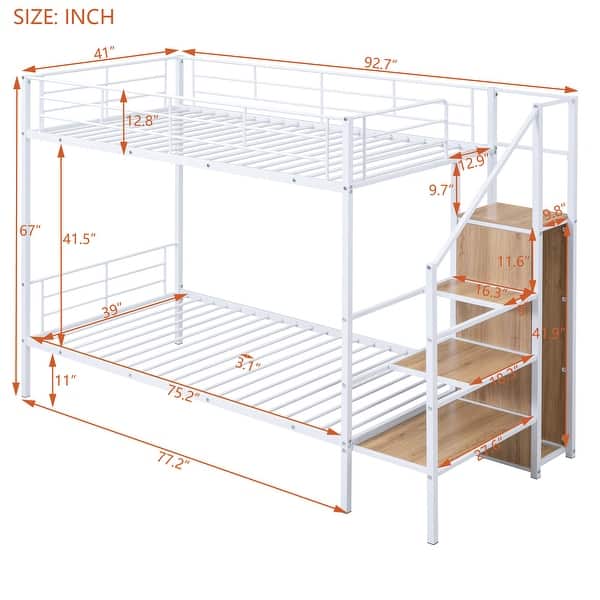 dimension image slide 1 of 2, Modern Twin Over Twin Metal Bunk Bed With Lateral Storage Ladder and Wardrobe for Bedroom