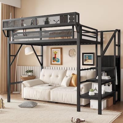 High Twin Size Loft Bed with Wardrobe and Stairs