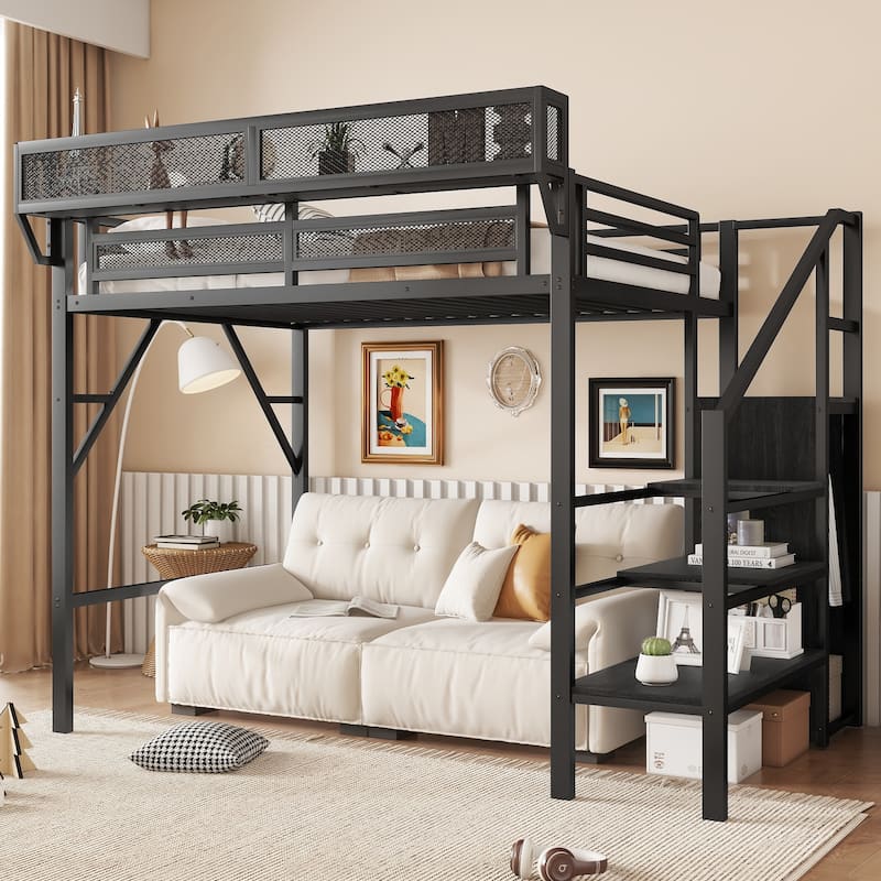 Metal Loft Bed with Wooden Stairs Built-in Storage Shelves and Wardrobe, High Loft Bed Frame with Side Grid Storage Rack - Black - Twin