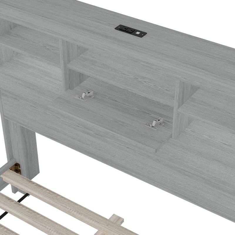 Wood Platform Bed Frame, 2 USB Ports & 2 Sockets on Storage Headboard Bookcase Bed, Panel Bed Bedroom