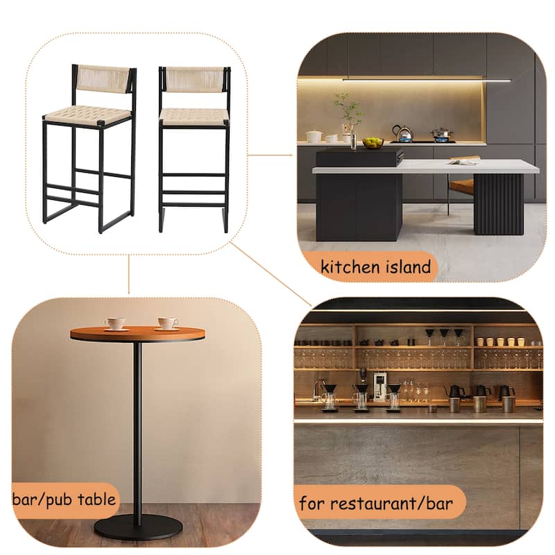 2-Piece Hand Weave Bar Stools Set, Counter Height Paper Rope Weave Dining Chairs with Footrest for Kichen Island, Bar & Counter