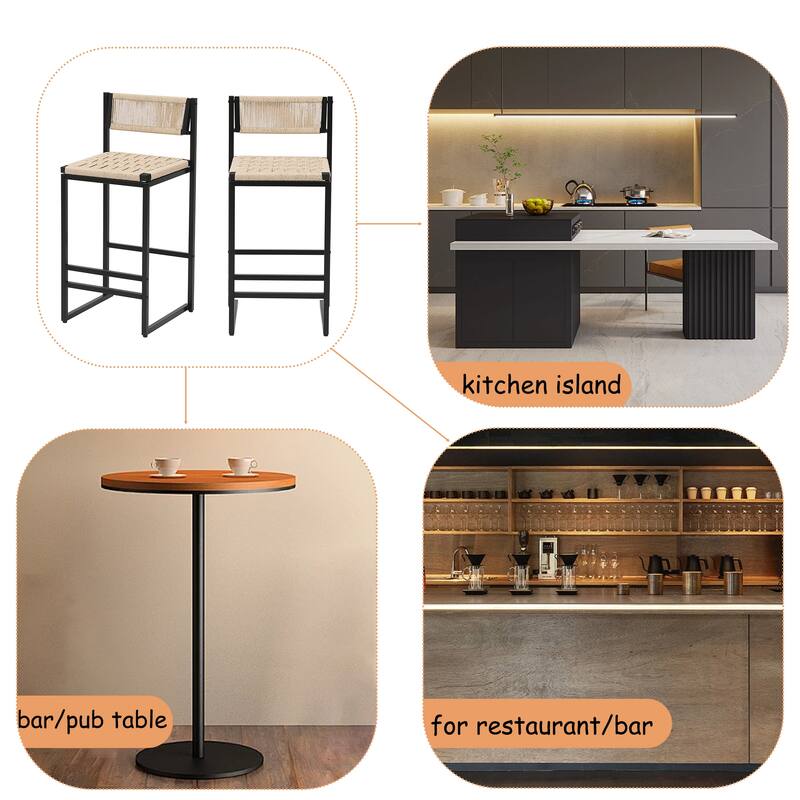 Paper Rope Woven Bar Stools Set of 2 Hand Weave Counter Stool with footrest for Kitchen Island, Dining Room