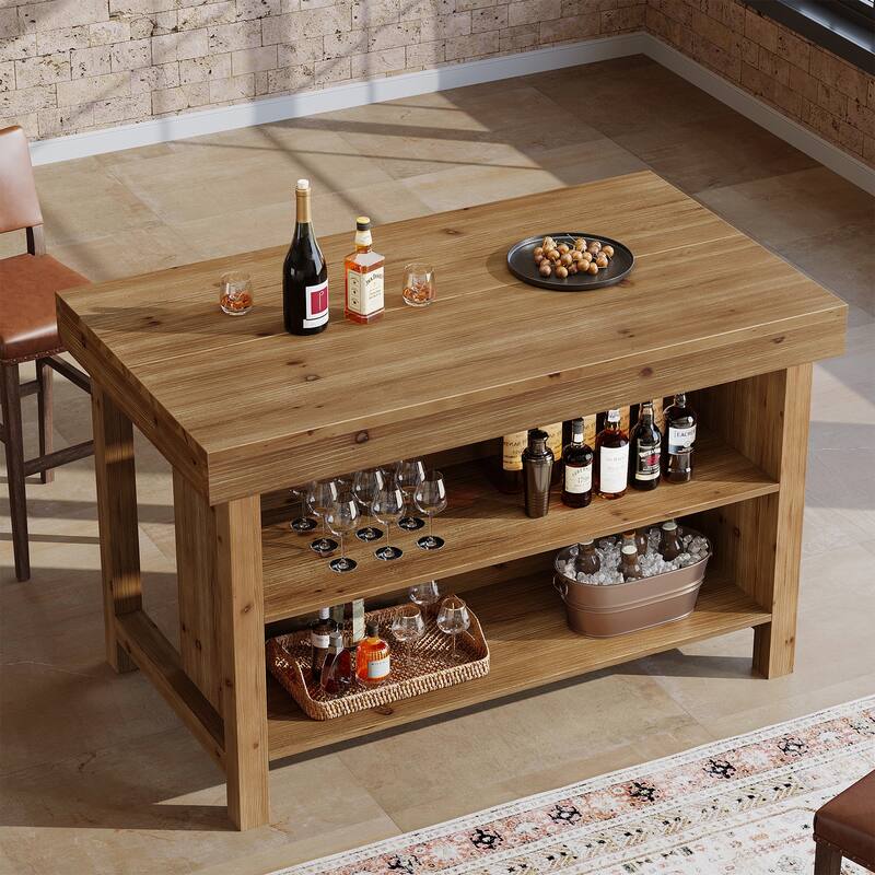 Solid Wood Bar Table, Open Storage Counter Height Pub Dining Table, Kitchen Dining/Living Room Basement Accent Bar Unit