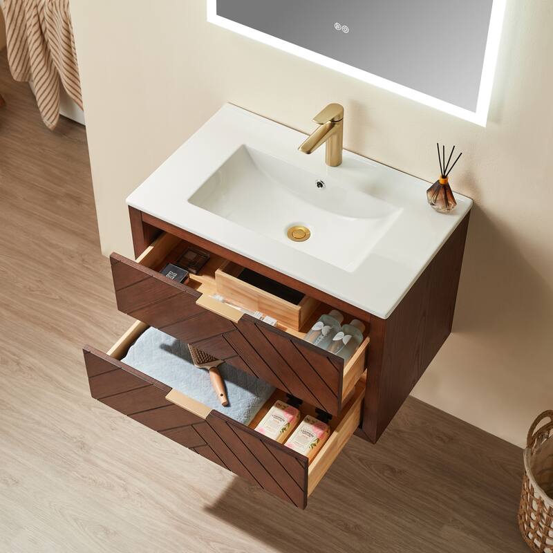 Modland 30" Wall Mount Bathroom Vanity with Ceramic Sink - 2 Soft-Close Drawers, Black/Walnut - 30 inch