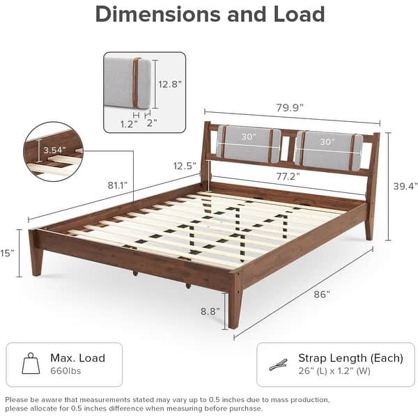 dimension image slide 3 of 10, Mopio Ted Acacia Solid Wood Bed Frame with Headboard