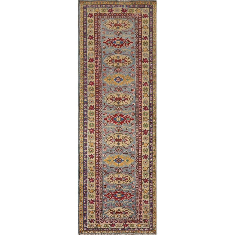 Kazak Runner Rug Light Blue Handmade Wool Carpet - 2'7" x 9'3"