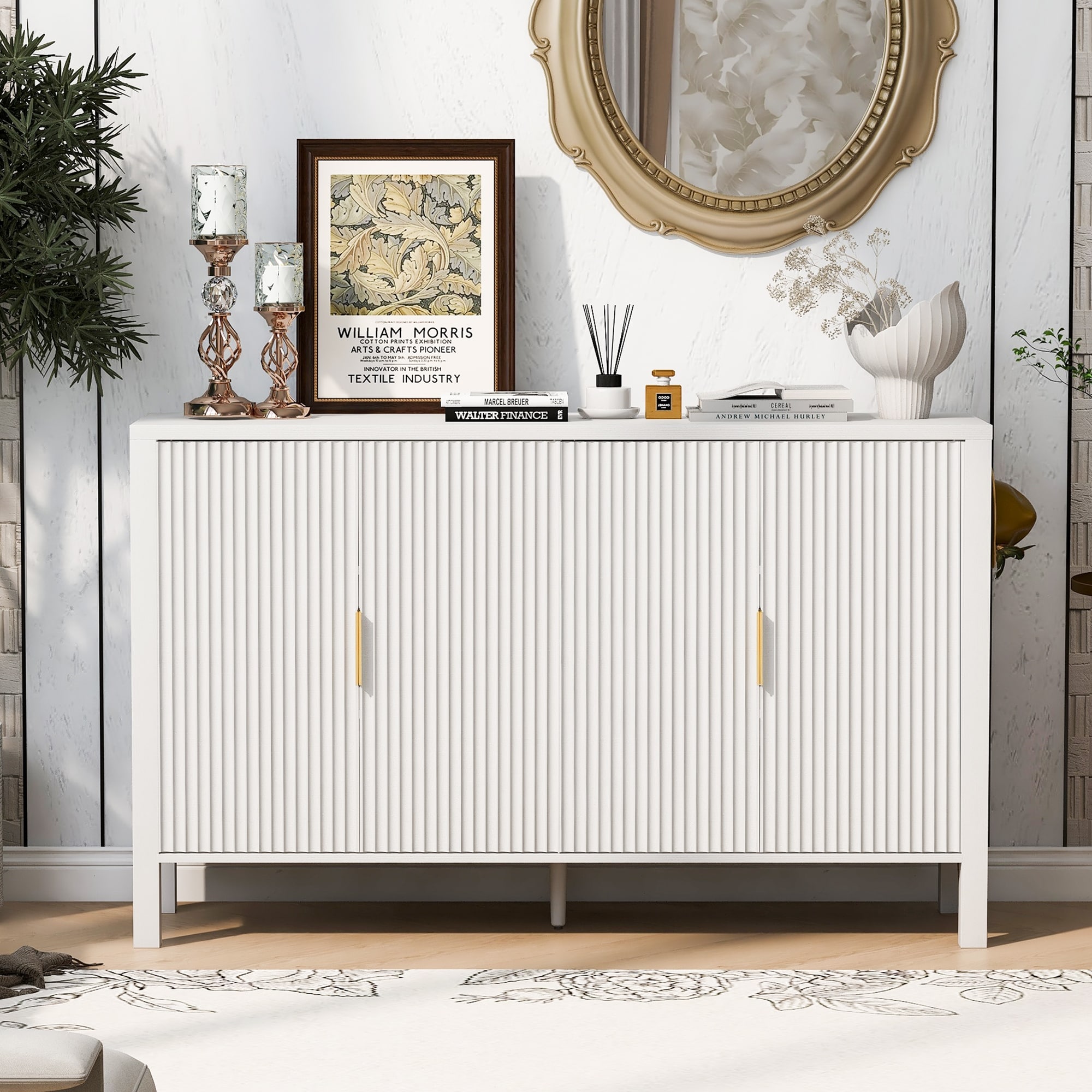 Storage Cabinet with Vertical Stripe Doors & Adjustable Shelves, Sideboard Cabinet with Door Racks & Side Hooks