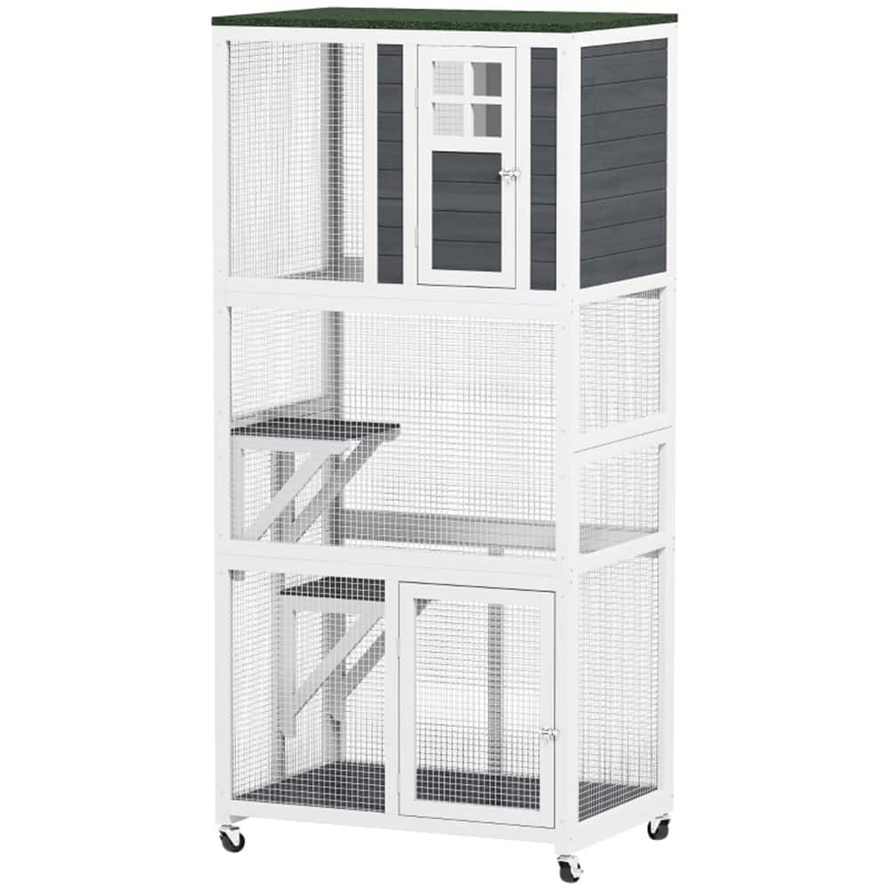 Fir Wood Steel Cat Cage with Wheels and Multi-Levels