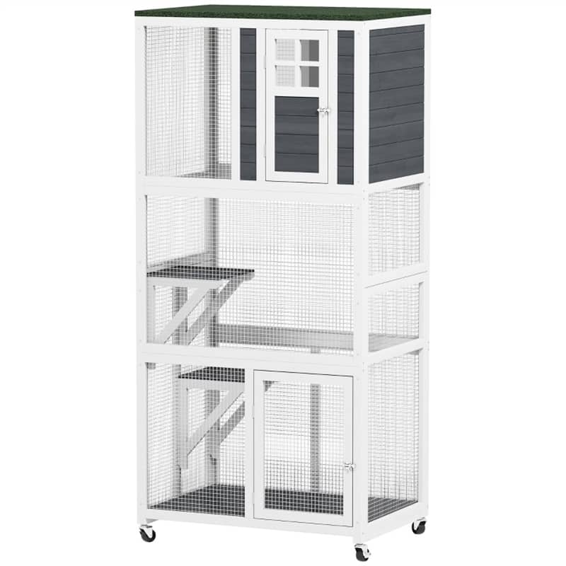 Fir Wood Steel Cat Cage with Wheels and Multi-Levels - White