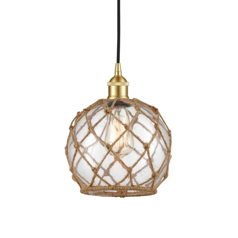 Innovations Lighting 616-1P-11-8 Farmhouse Pendant Farmhouse 8" Wide - Satin Gold / Clear Glass / Brown Rope
