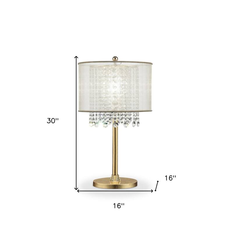 Gold Metal Table Lamp with White Silk Drum Shade and Crystal Accents - 16” x 16” x 30” (D x W x H)