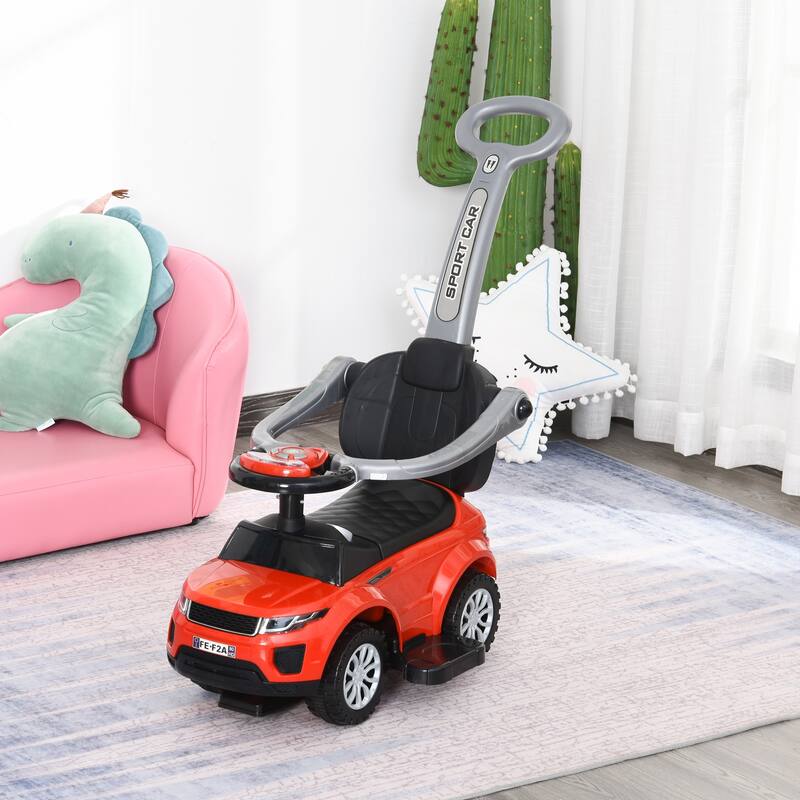 2-in-1 Toddler Push and Ride-On Car with Stroller Mode, Real Steering, Storage & Safety Guardrails - Red