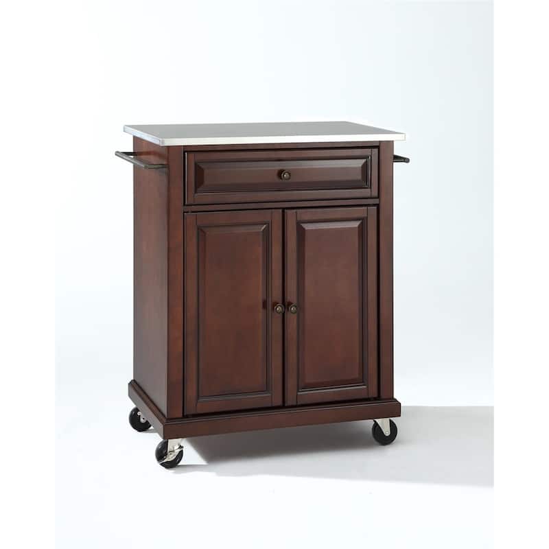 Compact Stainless Steel Top Kitchen Cart in White with Drawer, Adjustable Cabinet Storage, Towel Bars, and Wheels