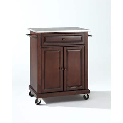 Compact Stainless Steel Top Kitchen Cart in White with Drawer, Adjustable Cabinet Storage, Towel Bars, and Wheels
