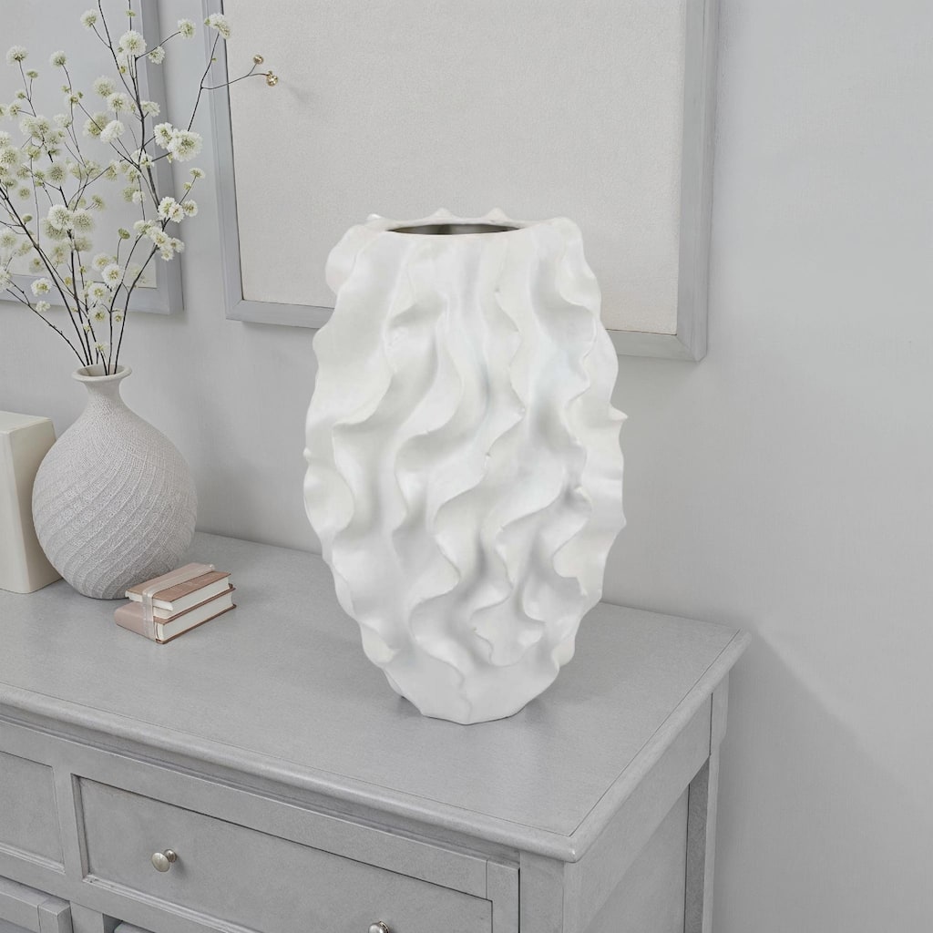 Decorative Vase, White Ceramic, Textured 19 Inch Curved Wave Design