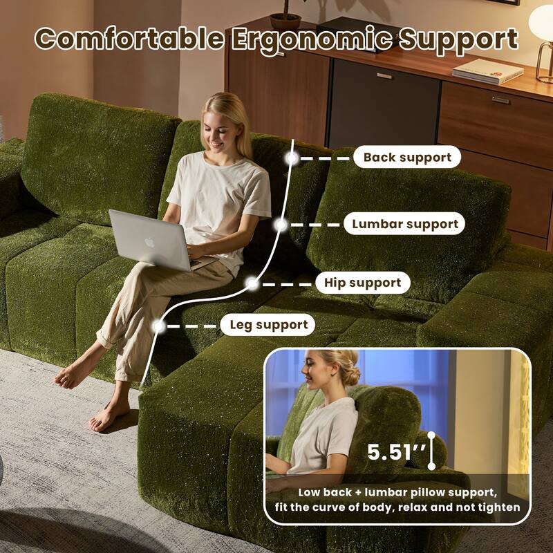 HOOOWOOO Modern Sparkly Velvet Fabric Chaise Sofa Couch with Ottoman