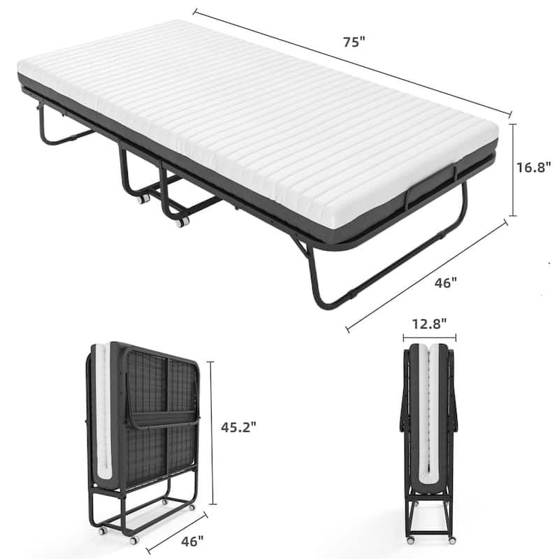Folding Bed with Mattress Included Memory Foam, Portable Roll Away Adult Bed for Guest, Fold Up Soft Cot Bed