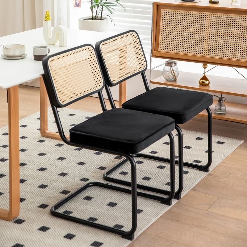 Mid Century Modern Dining Chairs Set of 2 Velvet Rattan with Black Painted Legs Upholstered Dining Chairs - Black