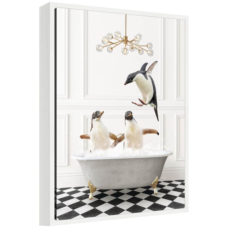 Kate and Laurel Sylvie Penguins in Lux Bathtub Framed Canvas by Amy Peterson - White