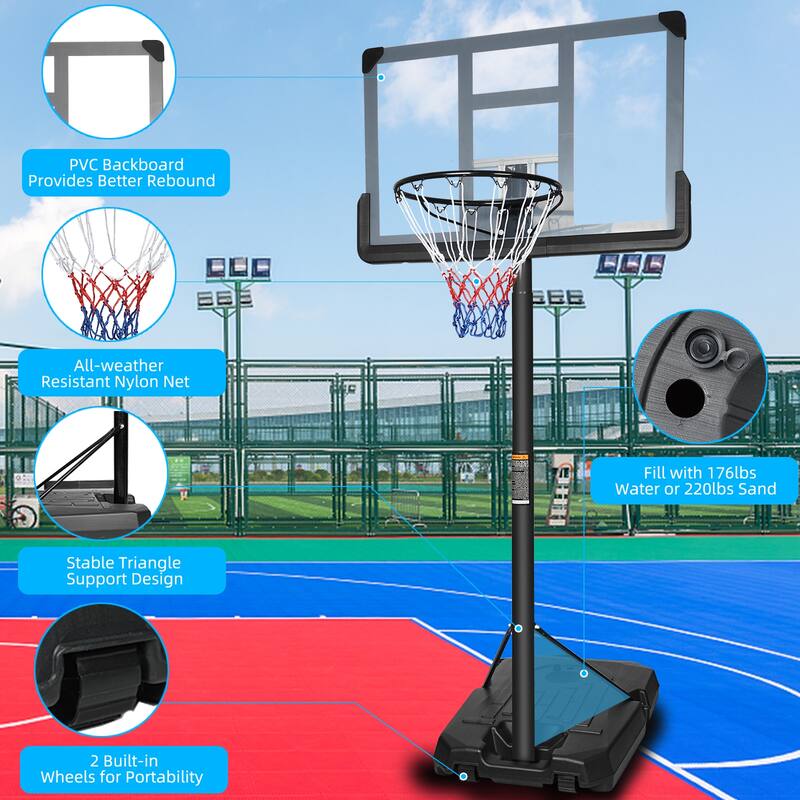 Portable Basketball Hoop Backboard System Stand Height Adjustable 6.6ft - 10ft with 44 Inch Backboard and Wheels