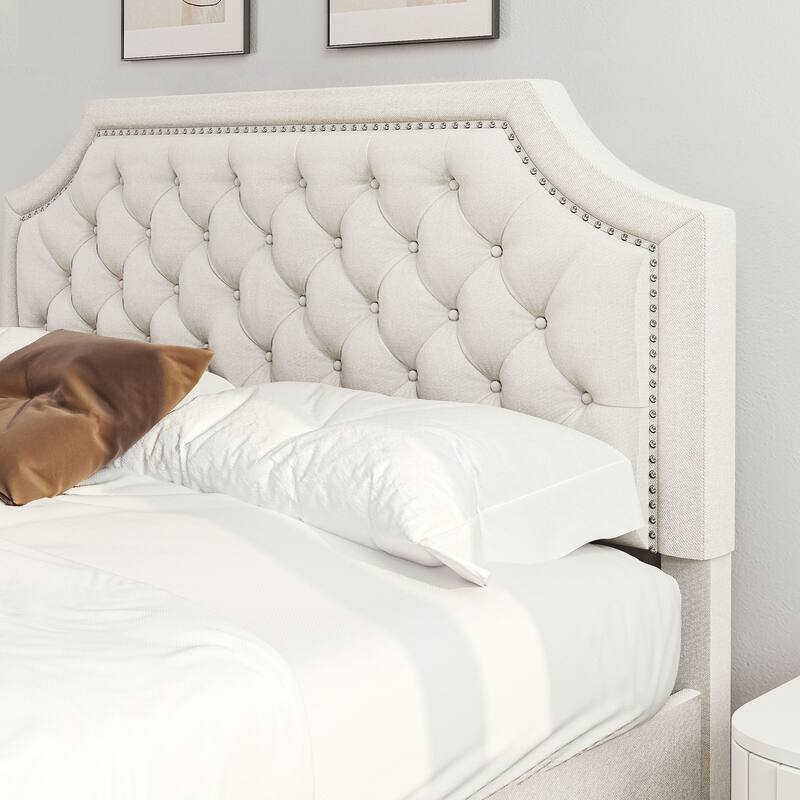 Moasis Button-Tufted Linen Upholstered Platform Bed with Adjustable Headboard