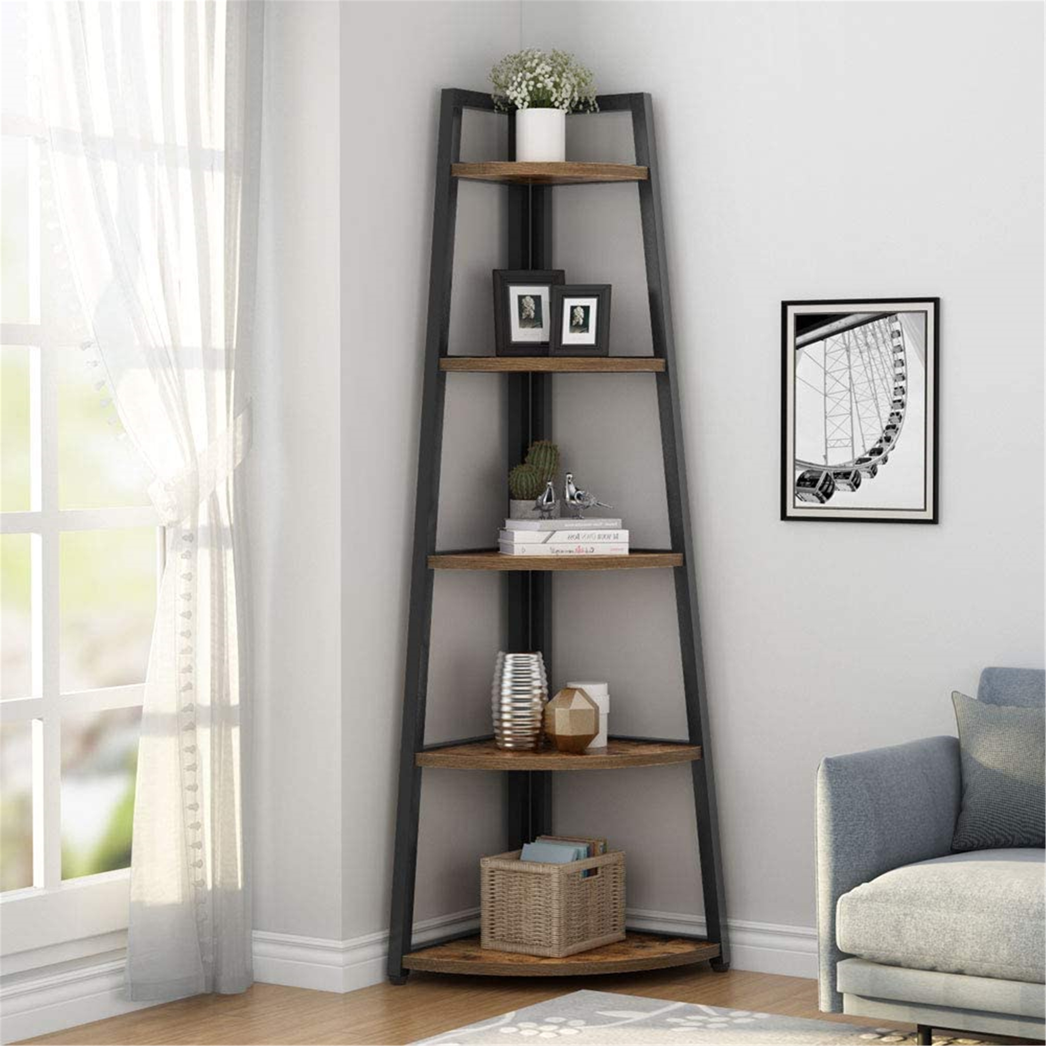 70 inch Tall Corner Shelf, Rustic Ladder Corner Bookshelf Bookcase