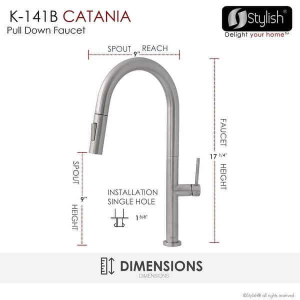 dimension image slide 1 of 4, Single Handle Pull-Down Sprayer Kitchen Faucet K-141 - Height: 17.25" Spout H: 9" Spout R: 9"