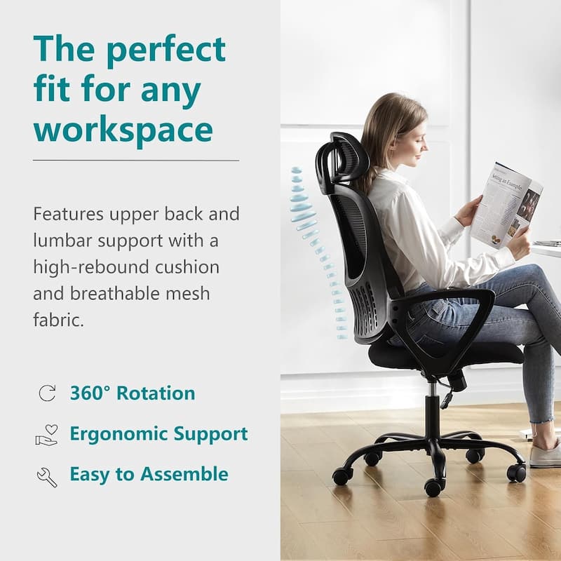 Ergonomic Office Chair, Comfy Computer Desk Chair Mesh High Back with Fixed Arms and Adjustable Headrest, Swivel RollingChair