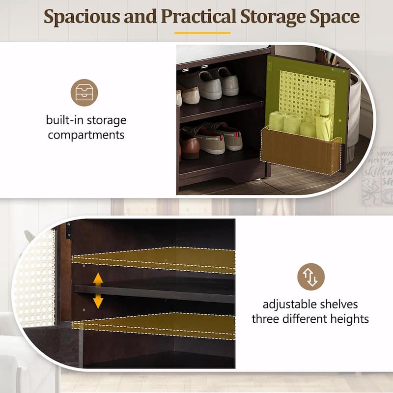 Rustic Storage Bench with Removable Cushion, Woven Rattan Doors & Adjustable Shelves