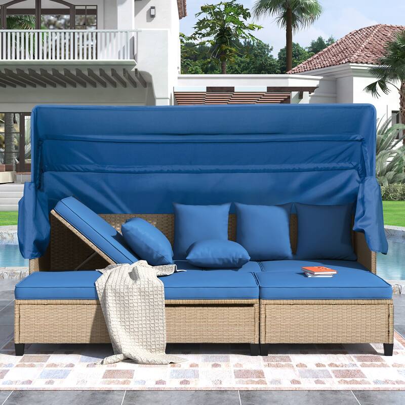 4-Piece Outdoor Wicker Patio Sofa Set with Retractable Canopy,Adjustable Table & Ottomans,UV-Resistant Cushions for Lounge - Blue