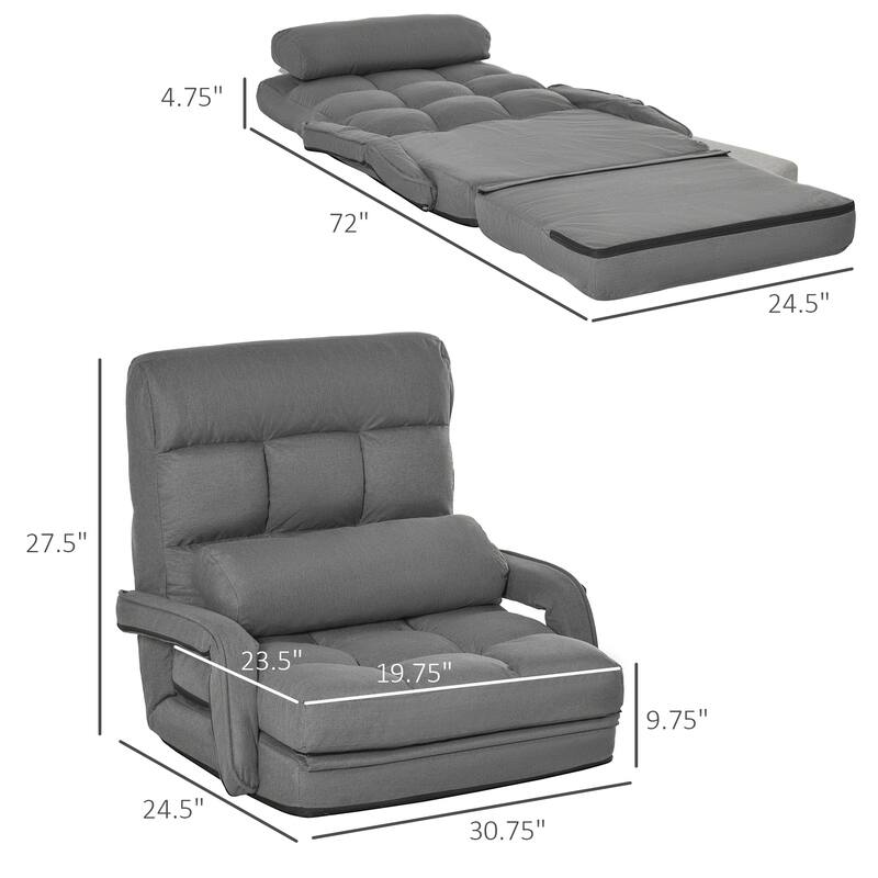 Convertible Floor Sofa Bed, Recliner Armchair Upholstered Sleeper Chair with Pillow for Living Room Bedroom Lounge, Grey